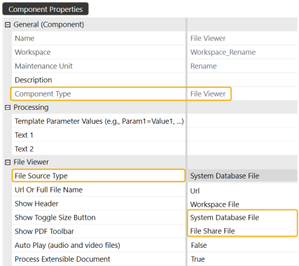 File Share Component Propeties with Component Type and Fole Source Type outlined with yellow highlight 